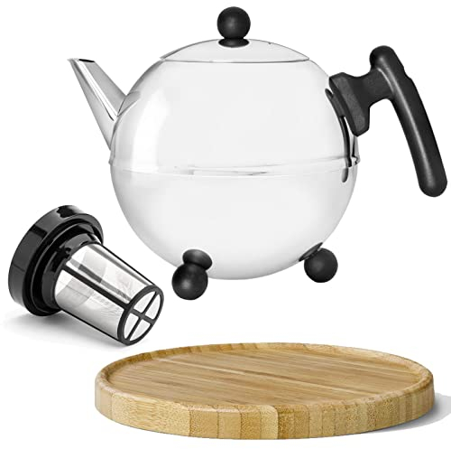 Teekanne Set 1.2 Liter - Edelstahl doppelwandig silber - Große Edelstahlteekanne mit Deckel mit Tee-Filter-Sieb-Aufsatz für losen Tee - inkl. Holz-Untersetzer braun