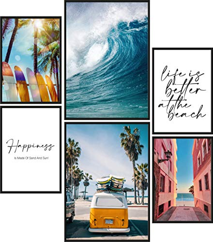 Papierschmiede® Mood Poster Set Surfing, Bilder Wohnzimmer Deko Schlafzimmer, 2x DIN A3 (ca. 30x42) und 4x DIN A4 (ca. 21x30), Strand Beach Surfbrett Palmen - ohne Rahmen