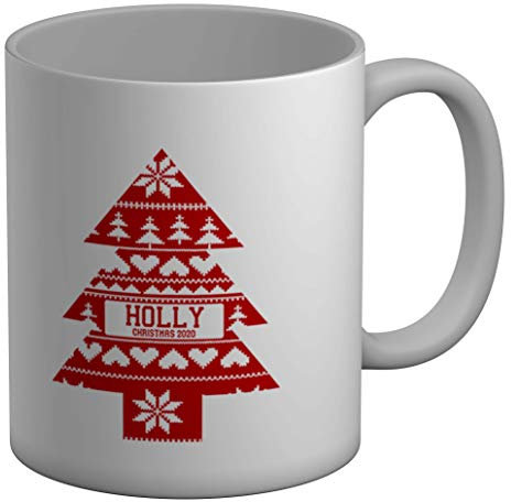 Shopagift Personalised Christmas Pattern Any Name Red Xmas Tree White 11oz Large Mug Cup