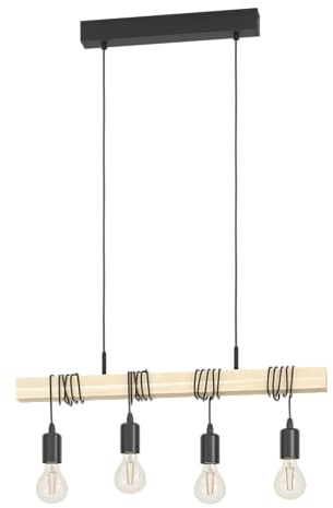 EGLO Pendelleuchte Townshend Holz Vintage, Hängelampe Esszimmer, Hängeleuchte 4-flammig, rustikale Retro Lampe im Industrial Design mit E27 Fassung, schwarz, braun, FSC Zertifiziert