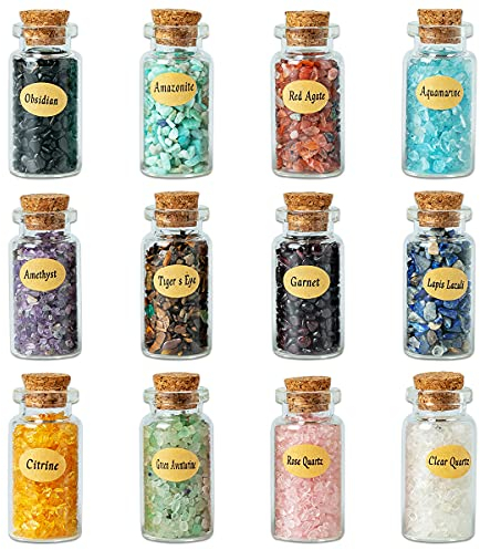 KHOCOEE 12 verschiedene Edelstein-Flaschen, Splitter-Kristall, Heilung, Trommelstein, Reiki, Wicca-Steine, Chakra-Heilkristalle, Hexenkristalle