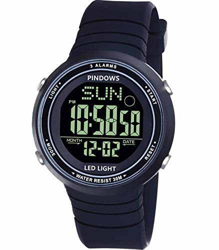 PINDOWS Digitale Damen Armbanduhr - Unisex Sportuhr für Teenager Mit 3 Alarmgruppen, Licht, Wasserdicht, Countdown, Stoppuhr - Multifunktions Digitaluhr