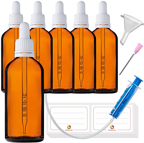 HandsUnity 100ml-6pz Bottiglia Pipetta Piccola Bottiglia di Vetro - set di Vasetti da Farmacia in Vetro Ambrato con Tappo Bianco per Pipetta include 17pcs Accessori Bottiglie di Vetro Marrone