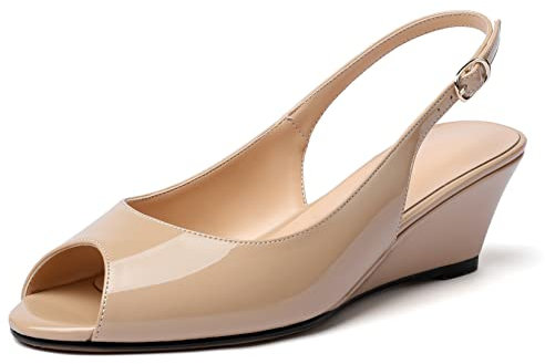 Elashe Damen Pumps Keilabsatz Peeptoe Mid Heels Slingback Bequeme Abendschuhe Beige EU39