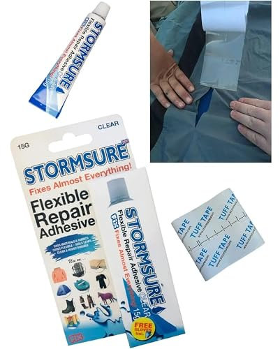 Kit di riparazione per campeggio, tenda da esterno (nastro 2 m + adesivo per tenda da 15 g, trasparente), essenziale per la riparazione di attrezzi all'aperto: sigilla le cuciture, ripara gli strappi