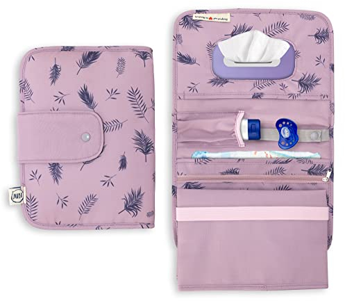 Jubi® Windeltasche mit Wickelunterlage für unterwegs mit extra viel Platz - Kleine Wickeltasche - Lila mit Palmen (Klettverschluss)