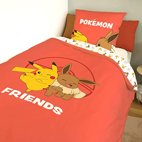 Housse De Couette Pikachu Evoli 140x200 cm + 1 Taie d'oreiller 63x63 cm - 100% Coton - Rose Corail