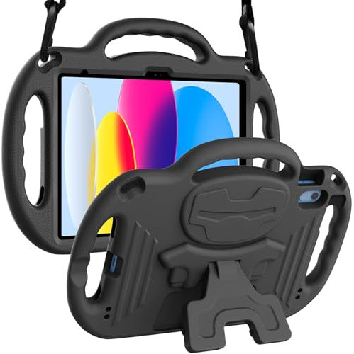 LTROP Kids Hülle für New iPad 10th Generation 10.9 Zoll 2022, iPad 10.9 Hülle 10th Generation, mit Schultergurt, langlebiger Griff Ständer Kindersichere Bumper Case für iPad 10th Gen 2022, Schwarz