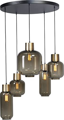 Licht-Erlebnisse Hängeleuchte Rauchglas Metall Schwarz Gold Tiefe bis 3,5 m 5-flammig E27 Hängelampe Esszimmer Esstisch