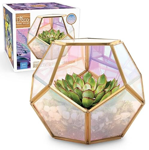 D'Eco Iridescent Glass Centerpiece (7x7x6) - Spring Easter Home & Wedding Decor - Tabletop Planter Terrarium - Fill with Succulents, Moss, Colorful Eggs, Bunny Rabbits, Grass - Gift for Plant Lovers