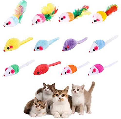 12 pièces Fourrure Souris Jouet pour Chat Ratte Petits Jouets de Shat Souris avec Queue de Plumes à Fourrure de Chat Interactive Mélangé Pack Souris en Peluche Jouet pour Intérieur Extérieur