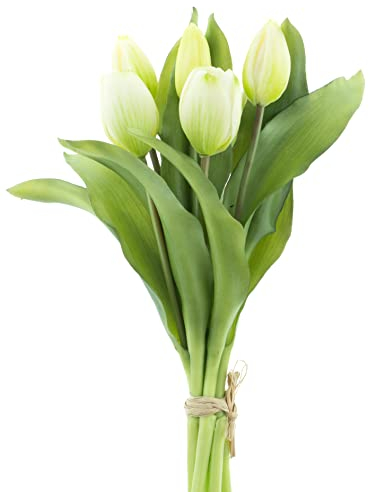 mucplants künstliche Tulpen Tulpenbündel mit 4 Tulpen und 3 Tulpenknospen real Touch (Creme-weiß)