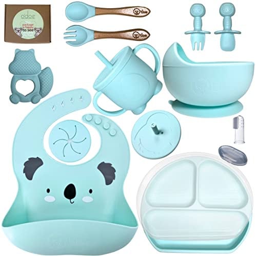 O'doe 15-Piece Baby Led Weaning Feeding Supplies for Toddlers, Baby Feeding Set | Suction Silicone Baby Bowl Self Eating Utensils Set with Spoons, Bibs, Toddlers Spoon Set, Food Plate Kit | Aqua V4