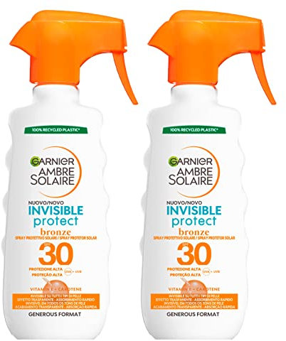 Garnier Ambre Solaire Invisible Protect Bronze Sonnenspray Körper SPF 30 Hoher Schutz gegen UVA UVB Schnellaufnahme Unsichtbare Formel mit Carotin Vitamin E - 2 Flaschen je 300 ml