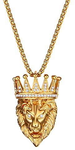 JewelryWe Schmuck Löwen Halskette Herren Edelstahl Zirkonia Krone Löwenkopf Anhänger mit 22 Zoll Kette Gold