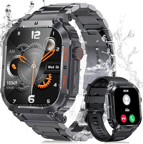PODOEIL Smartwatch Herren Vollmetall Outdoor Tactical Smartwatch mit Telefonfunktion, 20 Sportmodi IP67 Militär Smart Watch Herren wasserdichte mit Blutdruckmessung verfügbar für Android und iOS