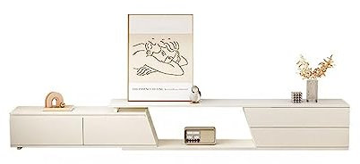 ARINAL Soporte de Televisión Moderno Mueble de TV con 4 cajones de Almacenamiento Sala de Estar Blanco Crema Retráctil 70.8 -98.4 Gabinete de TV de encimera de losa de Roca Consola Multimedia