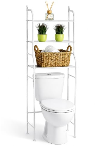Retoo Toilettenregal, 3 Ablagen, 43,5x25x152,5 cm, Edelstahl, Kunststoff | Weiß, für WC oder Waschmaschine, offene Ablageflächen, platzsparende Bauform, einfache Montage