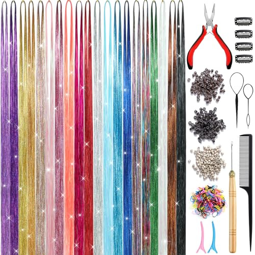 AIAIZHQH Hair Tinsel Kit (20 Colors, 8800 Strands, 48 Inches) Sparking Tinsel Hair Extensions Kit with Tools, Heat Resistant Highlights Glitter Hair Extensions Fairy Hair Accessories for Girls Women