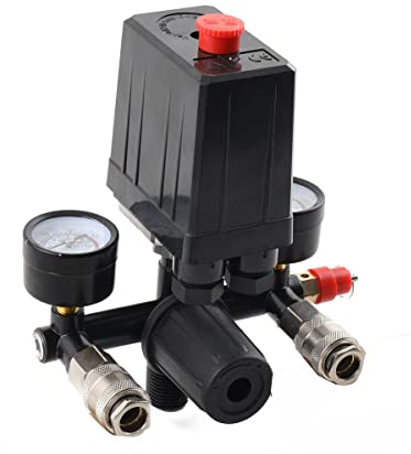 MECUTP Druckregler Mit Druckschalter | Druckschalter Kompressor, 240V Druckminderer Mit 2 Messanzeigen + 2 Druckluftschnellkupplungen, Luftkompressor Steuerventil Regler Von 0 Bis 12 Bar