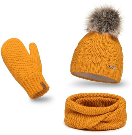 PaMaMi Winterset Mütze, Schal & Handschuh-sets für Damen I Kopfumfang 55-58 cm I Wintermütze mit Fleecefutter Atmungsaktiv I Winter-Strickset für Frauen I Fäustlinge Mütze Schal set Damen
