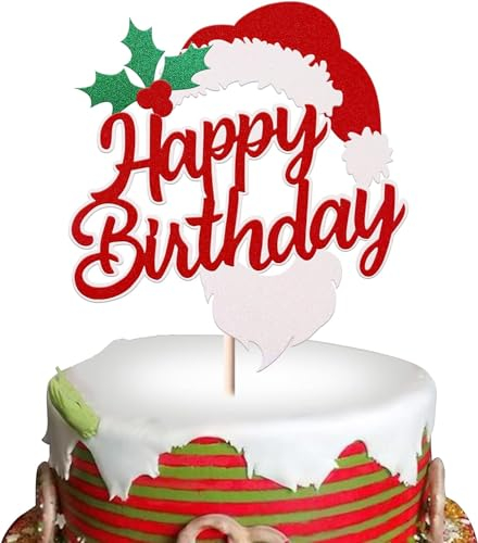 1 Stück Weihnachten Happy Birthday Tortendeko Merry Christmas Happy Birthday Kuchendekoration Weihnachten Kuchen Deko für Weihnachten Thema Baby Dusche Geburtstag Party Kuchen Dekorationen Rot