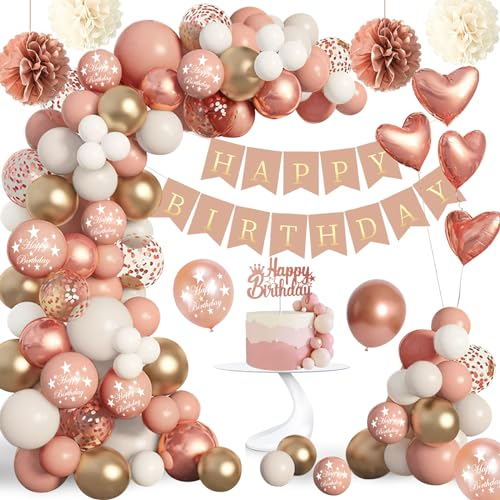 Rainllon Rosegold Birthstag Deko für Girls und Frauen: Happy Birthday Banner, Pompons und Luftballons in Rosegold für Children Geburtstag Party Dekoration