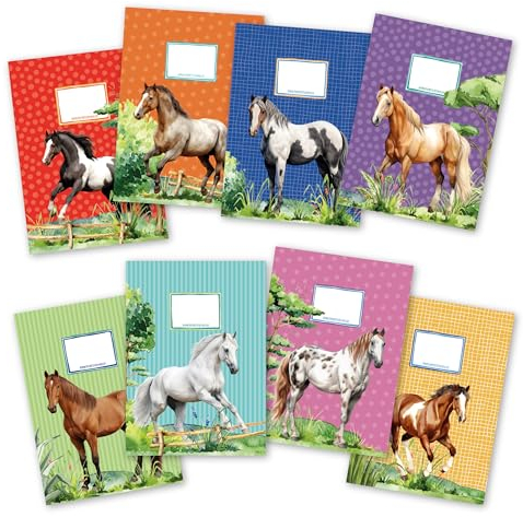 Papierdrachen 8 hochwertige Heftumschläge aus Papier für Kinder | A4| Motiv Pferde - Heftschoner ideal für die Schule - Heftumschlag 250g/m² - Set Nummer 19