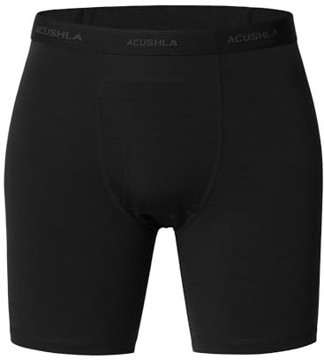 ACUSHLA Men's Merino Wool Boxer Briefs, Black, M - Breathable, Soft, Odor Control, Long-leg Underpants