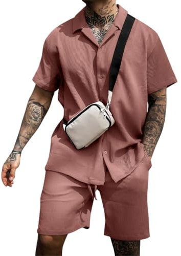 Oanviso Ensemble de Loisirs Homme Chemise avec Bouton et Shorts Coton Été 2 Pièces Set Manches Courtes Décontracté Survêtement Ensemble Léger Costumes de Plage Mode Costume Jogging A Rose S
