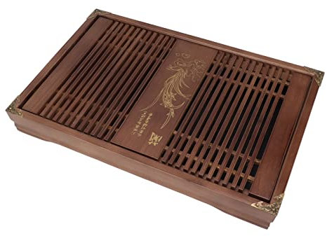 Tea Tray, Drainage Water Storage, Copper Corners, Orchid Pattern, Wood Material, Good Gift, Chinese Gongfu Tea Serving Tray with Drainage Water Storage for Kungfu Tea Set