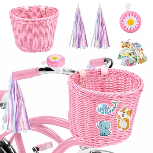 Fahrradkorb für Kinder, Fahrradkorb Geflochten Kinder Vorne, Kinder fahrradkorb Vorne Geflochten aus Kunststoff, Kinder Fahrrad Zubehör für Junge und Mädchen (Rosa)