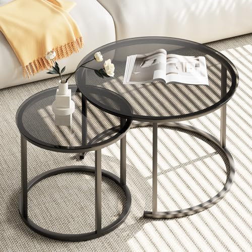 aboxoo Lot de 2 petites tables basses gigognes rondes en verre gris pour salon, chambre à coucher, table basse d'appoint avec cadre en métal, moderne, industrielle, simple