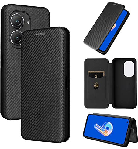 Phone Flip Case Compatible with Asus Zenfone 9 Case, Luxe Fibre de Carbone PU + TPU Hybrid Case Full Protection Antichoc Flip Case Cover Compatible with Asus Zenfone 9 Couverture arrière du smartphone