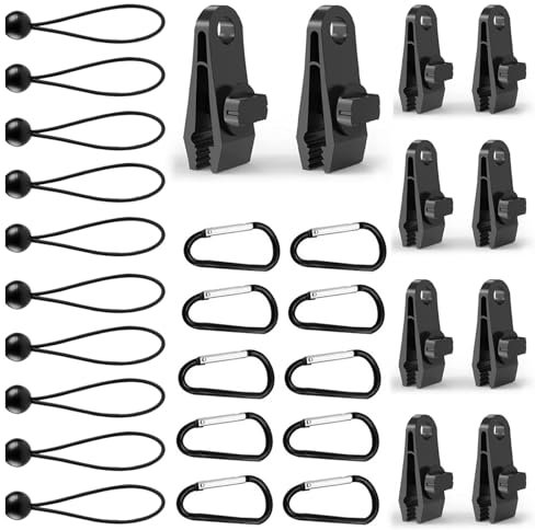 Jisrcha 30 Piece Tarpaulin Clip Set, 10 Pince pour Bache, 10 Tendeur Bache en Nylon avec Boules and 10 Carabiner Clips, Upgraded Multifunctional Attache Bache for Camping Tents and Picnic Tents