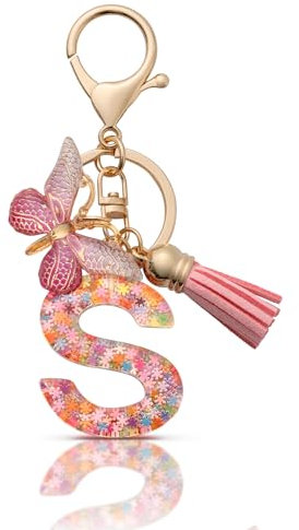 CHUQING Schlüsselanhänger Buchstabe Mädchen Schlüsselanhänger mit Anfangsbuchstaben Schlüsselbund mit Schmetterling für Frauen Rosa S