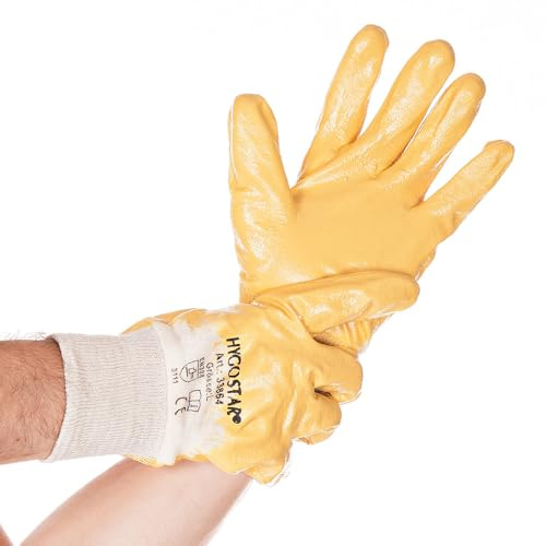 FRANZ MENSCH 144 Stück Hygostar Arbeitshandschuhe Nitril Grip | Nitril-Beschichtung, natur-gelb, 7/S, L: 23cm, Karton, Schutzhandschuhe, Arbeitshandschuhe,Nylonhandschuhe