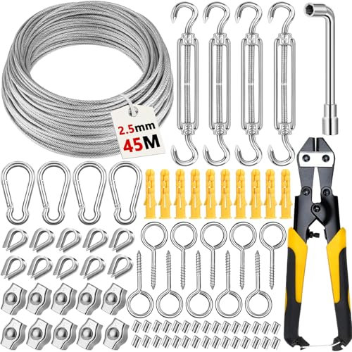 CYJJYZ Cable de Acero Inoxidable recubierto de PVC, Cable Acero Kit, Cuerda de Alambre Inoxidable 304 de 45 M y 2,5 MM con Tensor Ojales, Kit de Cuerda de Acero, Para Tendedero y Plantas Trepadoras