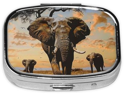 Quadratische Pillendose mit 2 Fächern, Medikamentenetui, tragbare Reise-Pillendose für Tasche oder Geldbörse, afrikanischer Elefant