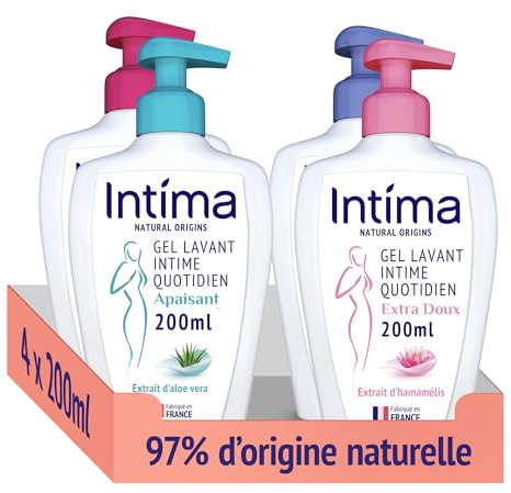 Intima - 4 Gels Intime Femme NATURAL ORIGINS - 97% naturels - 1 Apaisant - 1 Régulateur - 1 Neutre - 1 Extra Doux - Lot de 4x200ml