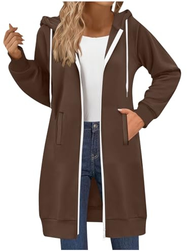Zip Up Hoodie Women Oversized Double Zippered Longline Hoodie Solid Color Hooded Sweatshirts Fleece Jackets Long Sleeve Tops Casual Loose Fit Hoody Plain Sweater Winter Long Coats with Pockets