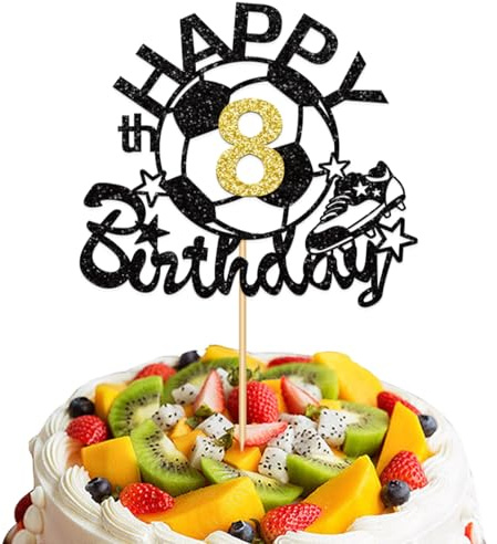 Tortendeko Fussball,Fußball Cupcake Toppern,Happy Birthday Fussball Tortendeko,Glitzernder Tortenaufsatz für 8. Geburtstag, Kuchendekoration mit Sternen, Schwarz und Gold