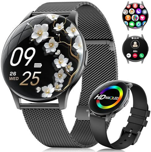 BENYAR SMART Montre Connectée Femme, 1,43 AMOLED Écran/Appel Bluetooth/100+ Modes Sportifs Smartwatch, Sommeil/SpO2/Calories/Fréquence Cardiaque Moniteur pour Android iOS Noir
