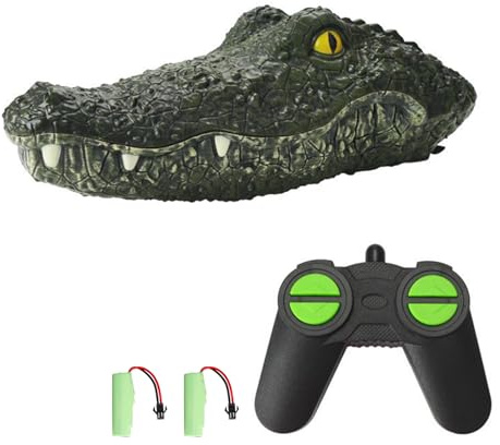 Aumotop Realistisches Elektrisches Krokodil-Rennboot für Schwimmbäder, 2,4 G Fernbedienung, Parodie-Spielzeug, 2 Kanäle, für und Erwachsene, Grün, 30 X 12 cm (2 Bootsbatterien)