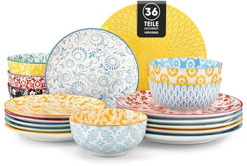 vancasso SELENE Servizio Piatti 36 Pezzi per 12 Persone in Porcellana - 12 Piatti Piani, 12 Piatti da Dessert e 12 Ciotole di Cereali, Adatti a Lavastoviglie e Microonde - Stile Floreale Colorato