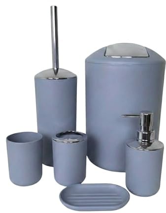 G.mütlich Badezimmer Set 6-teilig, Badaccessoires Komplettset Kunststoff, WC Garnitur mit Klobürste, Mülleimer, Zahnputzbecher, Seifenspender & Schale, Bad Zubehör Deko (Grau)
