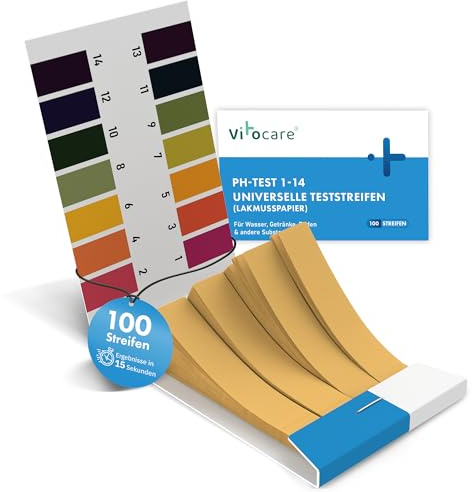vitocare 100x pH Teststreifen – Zuhause Test für Säure und Base mit pH Teststreifen aus Lackmuspapier, Trinkwassertest & Aquarium Teststreifen, pH Streifen für Selbsttest von Essen & Getränken