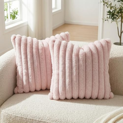Neelvin 2er Set Dekorative Flauschig Plüsch Kissenbezug Gestreifte Künstlich Pelz Kissenbezüge Kissenhülle Dekokissen Zierkissenbezüge Sofakissen für Couch Sofa Wohnzimmer 40x40cm Rosa