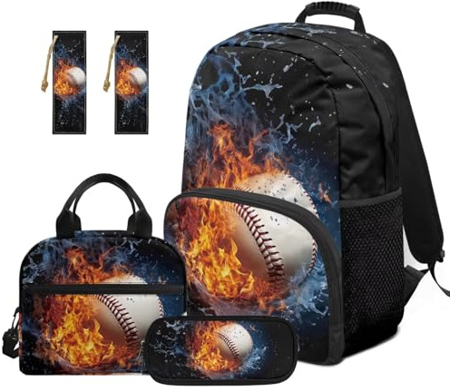 TOADDMOS 5 x Kinder-Rucksack für die Schule mit Lunchbox, multifunktionales Federmäppchen, 2-teiliges Lesezeichen, große Kapazität, Schultasche, Ice and Fire Baseball, Modern