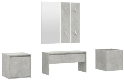 Mhdvray Ensemble de Meubles d'Entrée Vestiaire Complet, Banc à Chaussures avec Miroir, 2 Panneaux Porte-Manteaux, Jardinière et Tiroir de Rangement, Bois d'Ingénierie, Style Moderne, Gris Béton